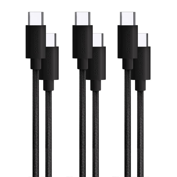 Powertek USB-C to USB-C Cable Bundle 3 Pack Black, 60W Fast Charging Nylon Braided Type-C Cables 3ft 6ft 10ft for iPhone 15 and Newer, Galaxy, Tablets & USB-C Devices