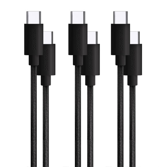 Powertek USB-C to USB-C Cable Bundle 3 Pack Black, 60W Fast Charging Nylon Braided Type-C Cables 3ft 6ft 10ft for iPhone 15 and Newer, Galaxy, Tablets & USB-C Devices