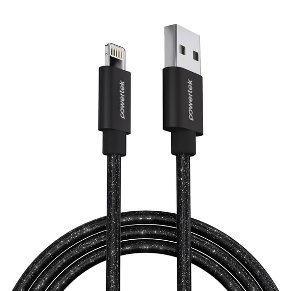 Powertek USB-A to Lightning Cable, Fast Charging iPhone Charger Cord, Durable Tangle-Resistant Sync Cable, Black Glitter, 6FT