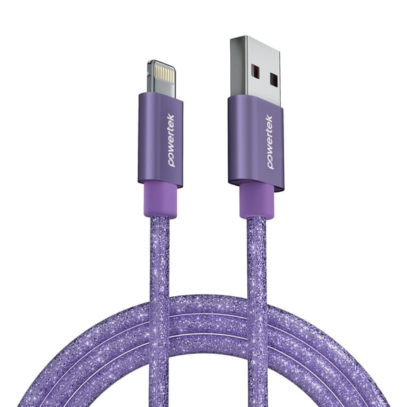 Powertek USB-A to Lightning Cable, Fast Charging iPhone Charger Cord, Durable Tangle-Resistant Sync Cable, Purple Glitter, 6FT