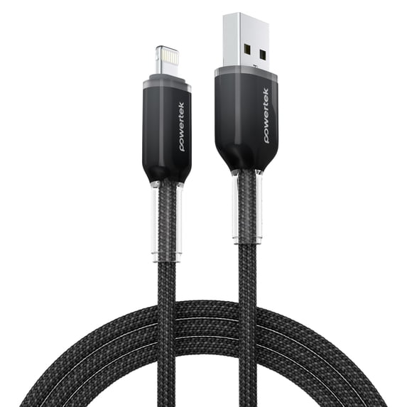 Powertek Frosty MFi Certified USB-A to Lightning Braided Charging Cable, 6 ft, Black