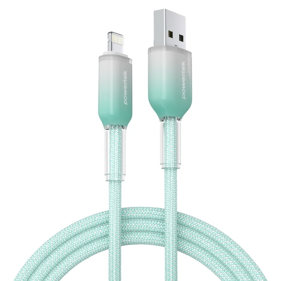 Powertek Frosty MFi Certified USB-A to Lightning Braided Charging Cable, 6 ft, Mint