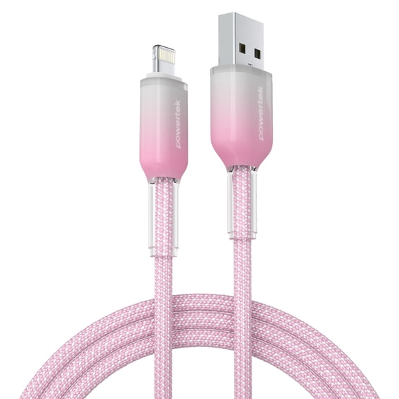 Powertek Frosty MFi Certified USB-A to Lightning Braided Charging Cable, 6 ft, Pink