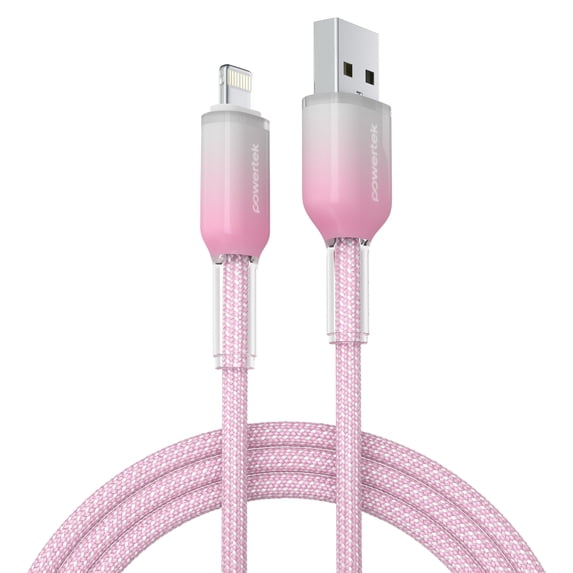 Powertek Frosty MFi Certified USB-A to Lightning Braided Charging Cable, 6 ft, Pink