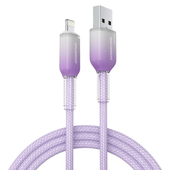 Powertek Frosty MFi Certified USB-A to Lightning Braided Charging Cable, 6 ft, Purple