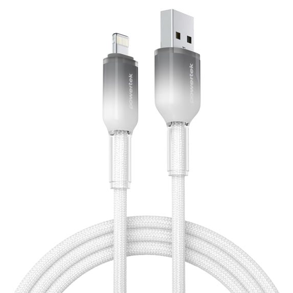 Powertek Frosty MFi Certified USB-A to Lightning Braided Charging Cable, 6 ft, White