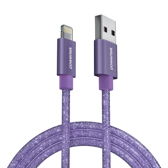 Powertek USB-A to Lightning Cable, Fast Charging iPhone Charger Cord, Durable Tangle-Resistant Sync Cable, Purple Glitter, 6FT