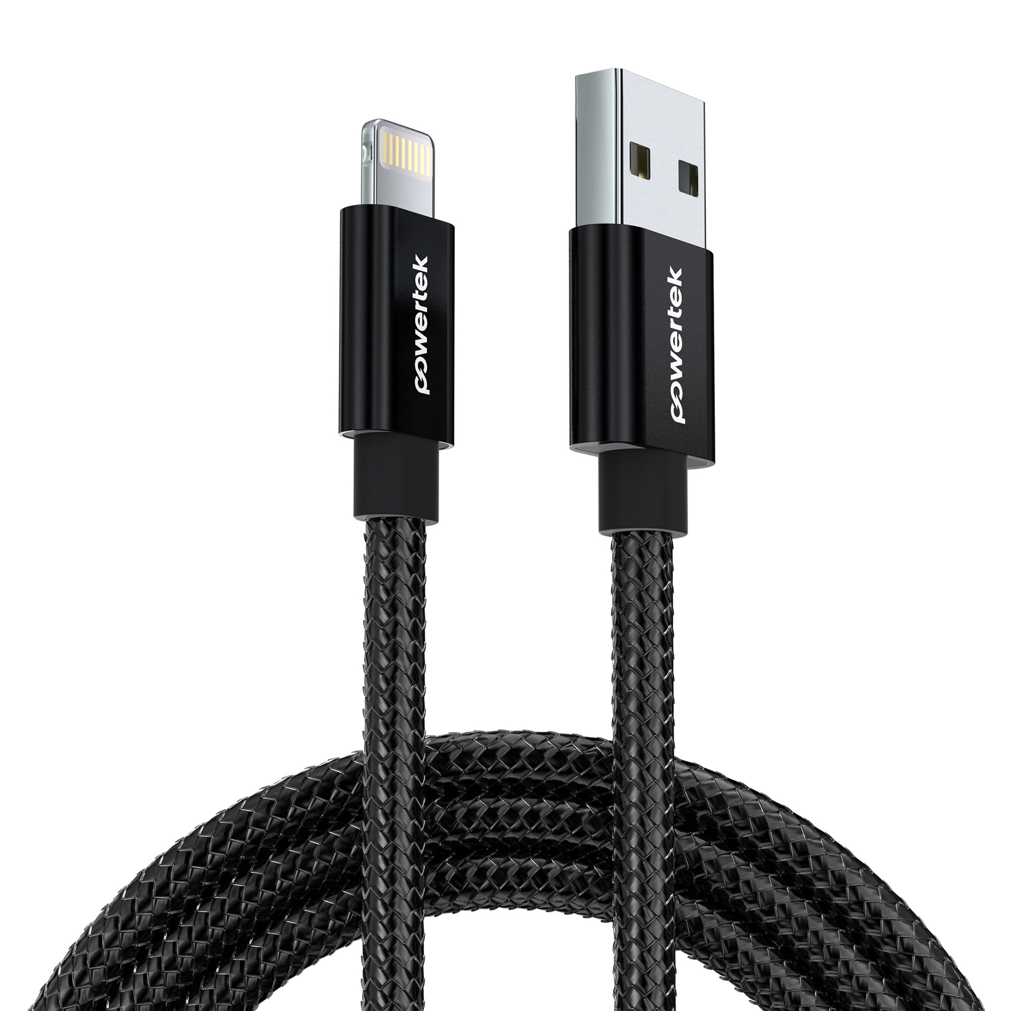 Powertek Luxe 6ft USB-A to Lightning Cable, Black, Fast Charge & Sync, Metallic Mesh PVC Jacket, Durable Tangle-Free Design