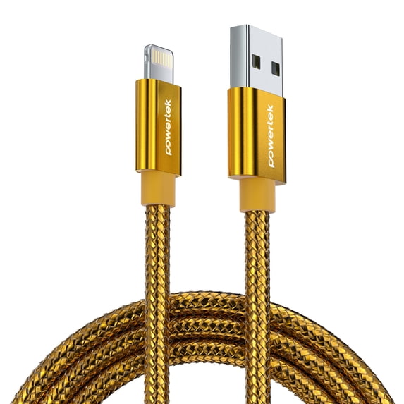 Powertek Luxe 6ft USB-A to Lightning Cable, Gold, Fast Charge & Sync, Metallic Mesh PVC Jacket, Durable Tangle-Free Design