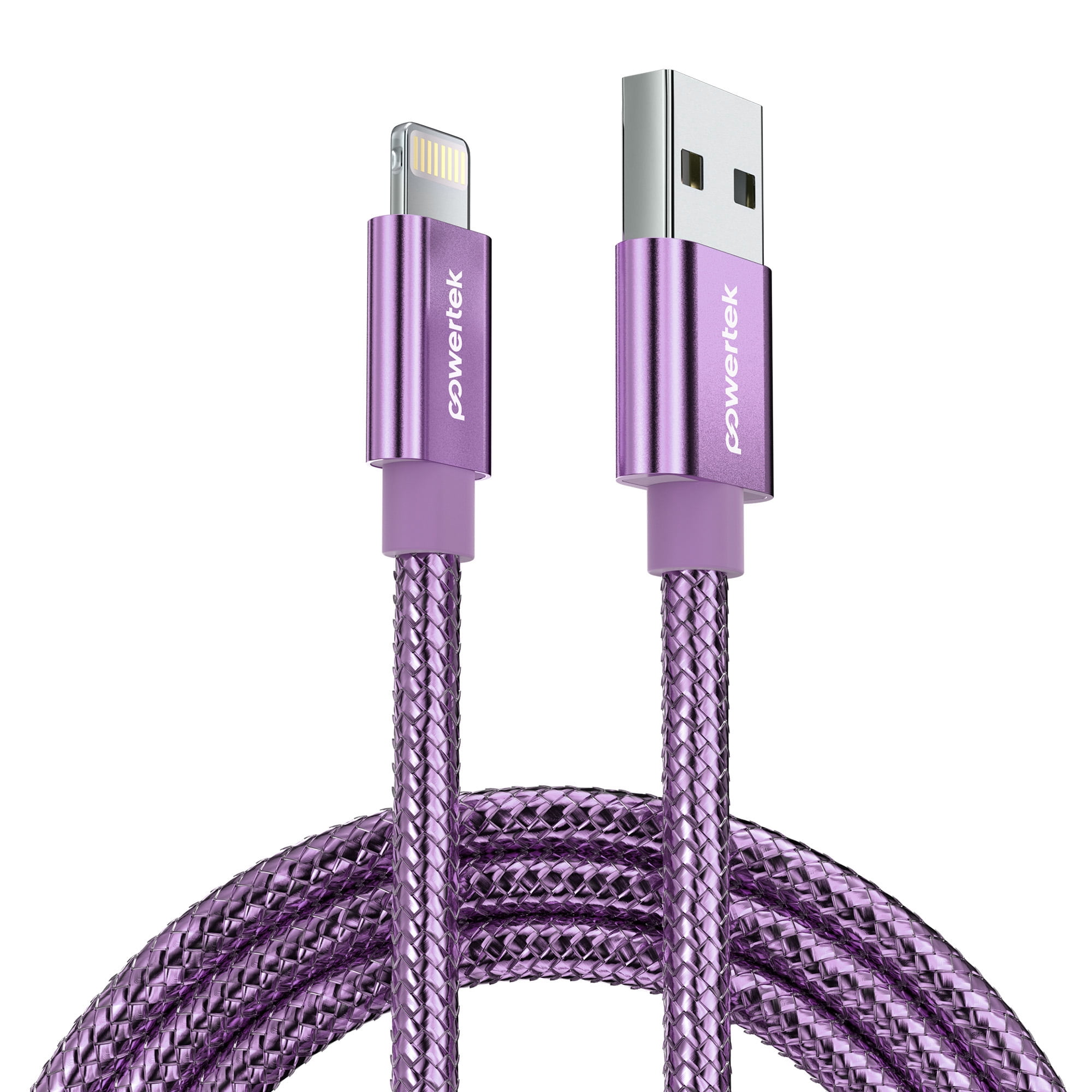 Powertek Luxe 6ft USB-A to Lightning Cable, Purple, Fast Charge & Sync, Metallic Mesh PVC Jacket, Durable Tangle-Free Design