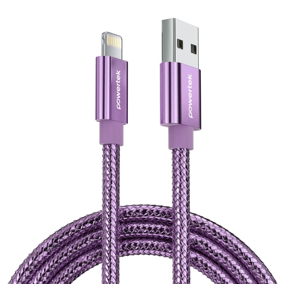 Powertek Luxe 6ft USB-A to Lightning Cable, Purple, Fast Charge & Sync, Metallic Mesh PVC Jacket, Durable Tangle-Free Design