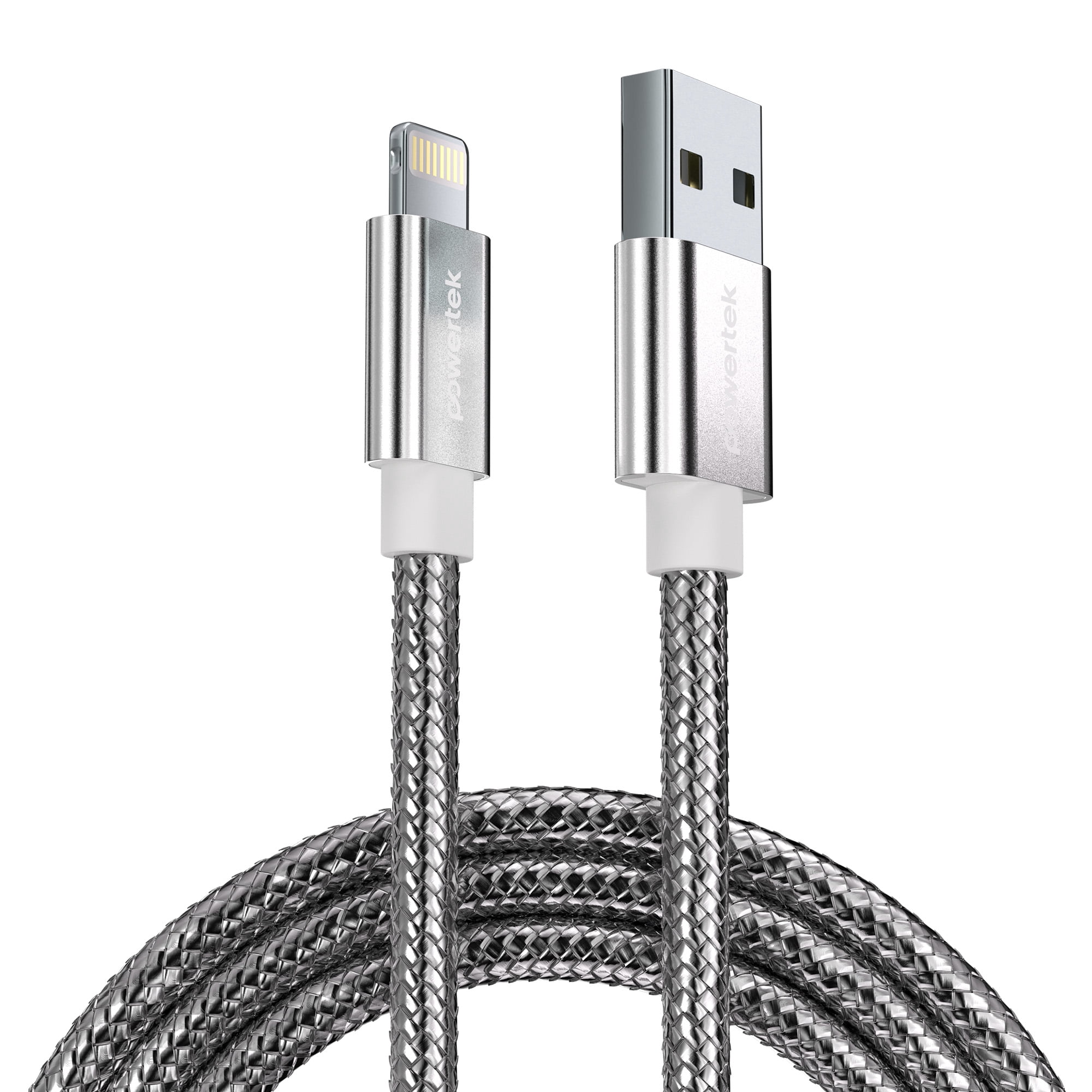 Powertek Luxe 6ft USB-A to Lightning Cable, Silver, Fast Charge & Sync, Metallic Mesh PVC Jacket, Durable Tangle-Free Design