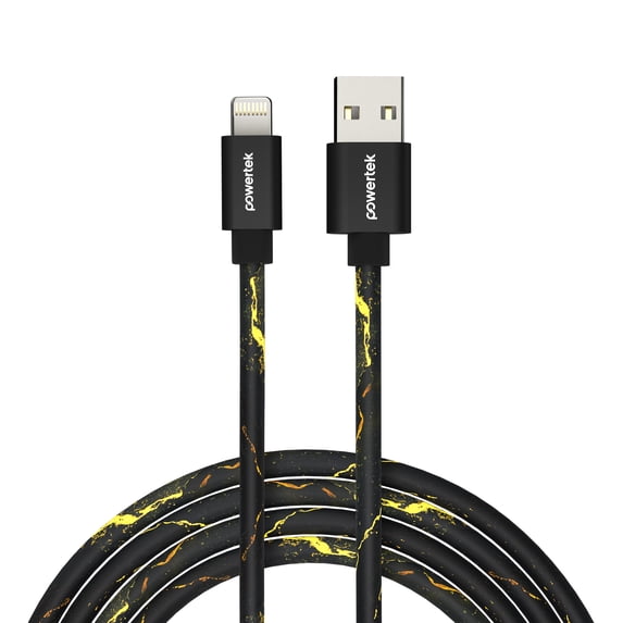 Powertek Marble 6ft USB-A to Lightning Cable, Black & Gold, Fast Charging, Silicone Marble Design, Smooth Data Transfer