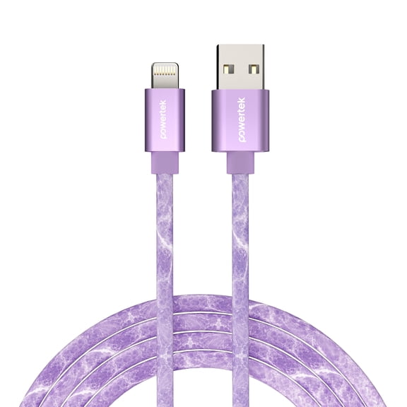 Powertek Marble 6ft USB-A to Lightning Cable, Purple, Fast Charging, Silicone Marble Design, Efficient Data Transfer