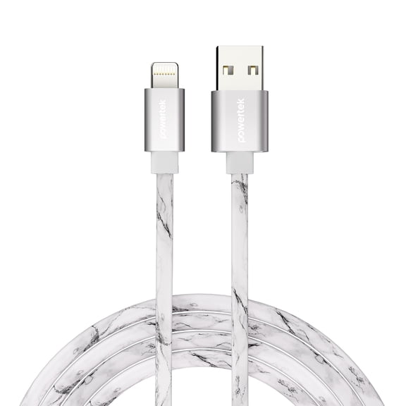 Powertek Marble 6ft USB-A to Lightning Cable, White/Silver, Fast Charging, Silicone Marble Design, Steady Data Transfer