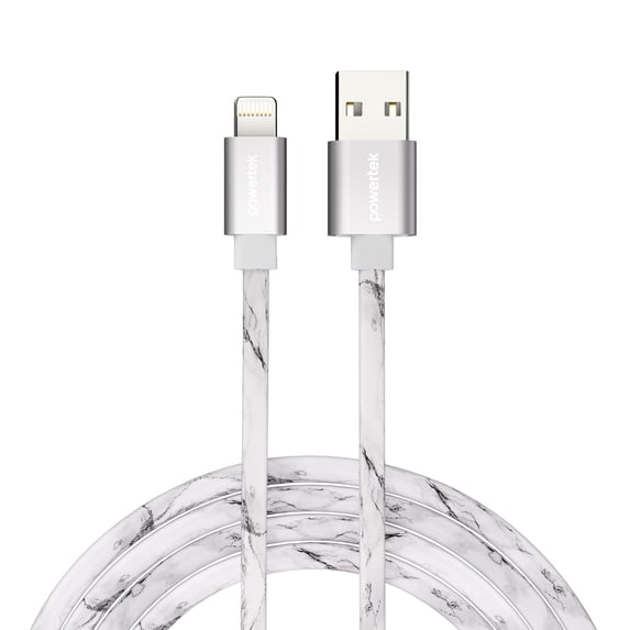 Powertek Marble 6ft USB-A to Lightning Cable, White/Silver, Fast Charging, Silicone Marble Design, Steady Data Transfer