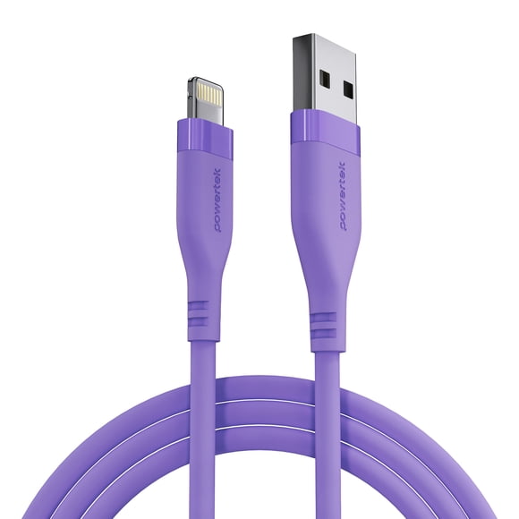 Powertek Neon Purple Silicone USB-A to Lightning Cable 6ft MFi Certified Fast Charging iPhone Charger Cord, Durable Tangle-Free Sync Cable for iPhone, iPad & iPod