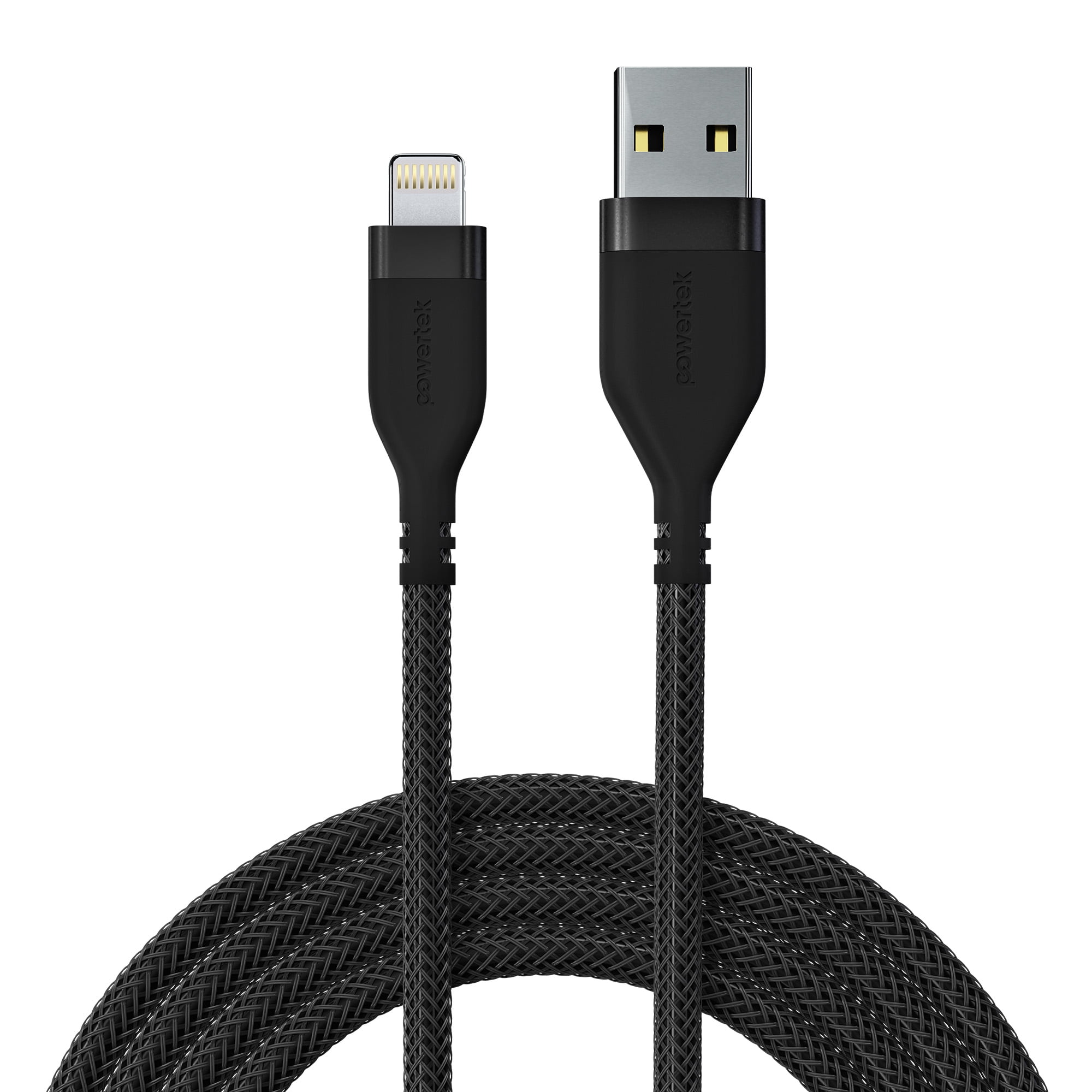 Powertek Ultra 6ft USB-A to Lightning Cable, Black, Silicone with PVC Mesh Jacket, Consistent Data Transfer, MFi Certified Charging Cable