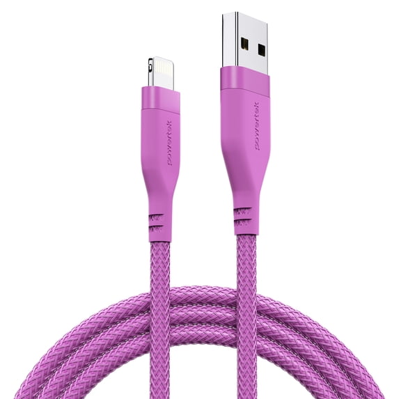 Powertek Ultra 6ft USB-A to Lightning Cable, Pink, Silicone with PVC Mesh Jacket, Smooth Data Transfer, MFi Certified Charging Cable