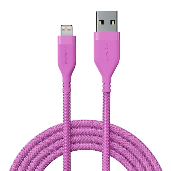 Powertek Ultra 6ft USB-A to Lightning Cable, Pink, Silicone with PVC Mesh Jacket, Smooth Data Transfer, MFi Certified Charging Cable