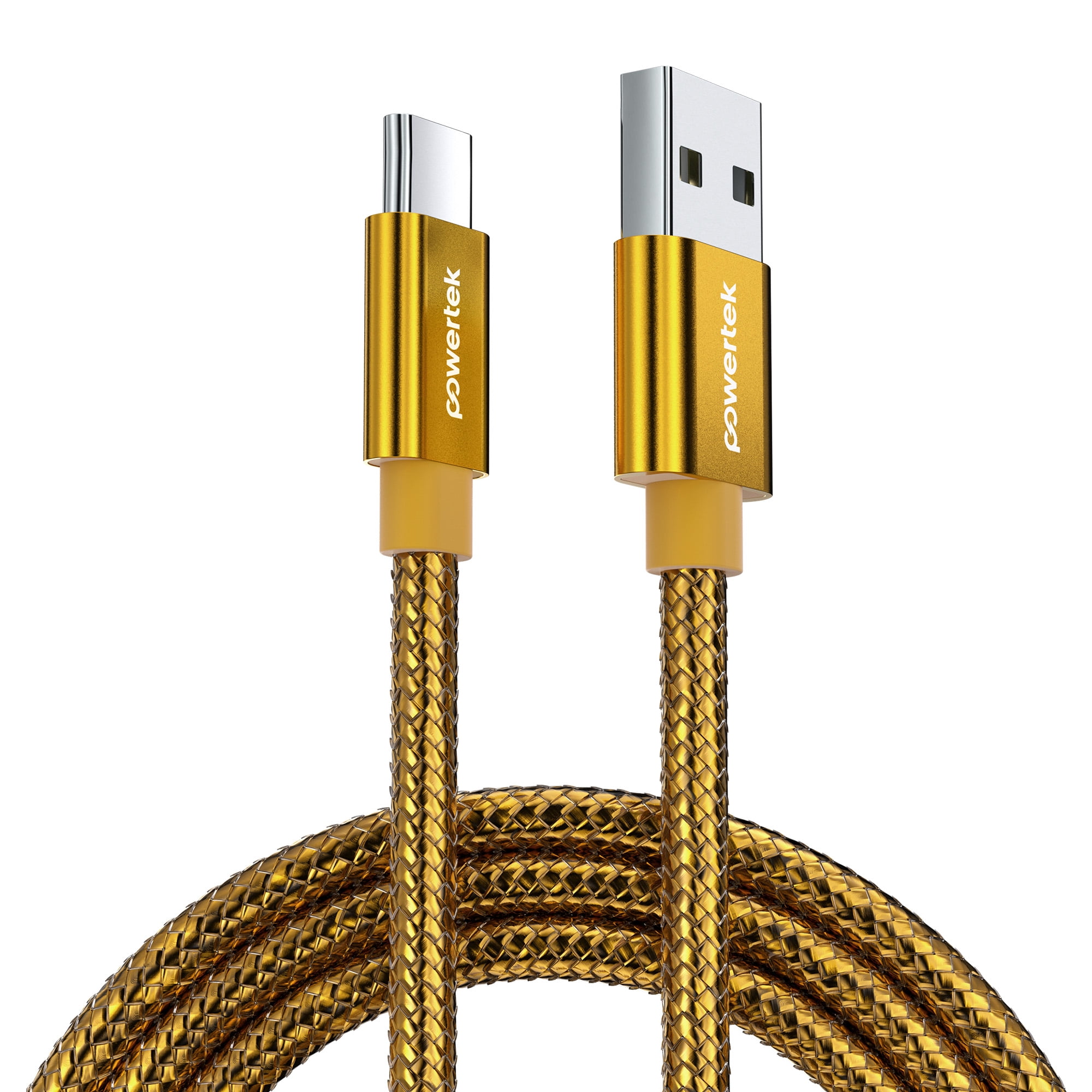 Powertek Luxe 6ft USB-A to USB-C Cable, Gold, Fast Charge & Sync, Metallic Mesh PVC Jacket, Durable Tangle-Free Design