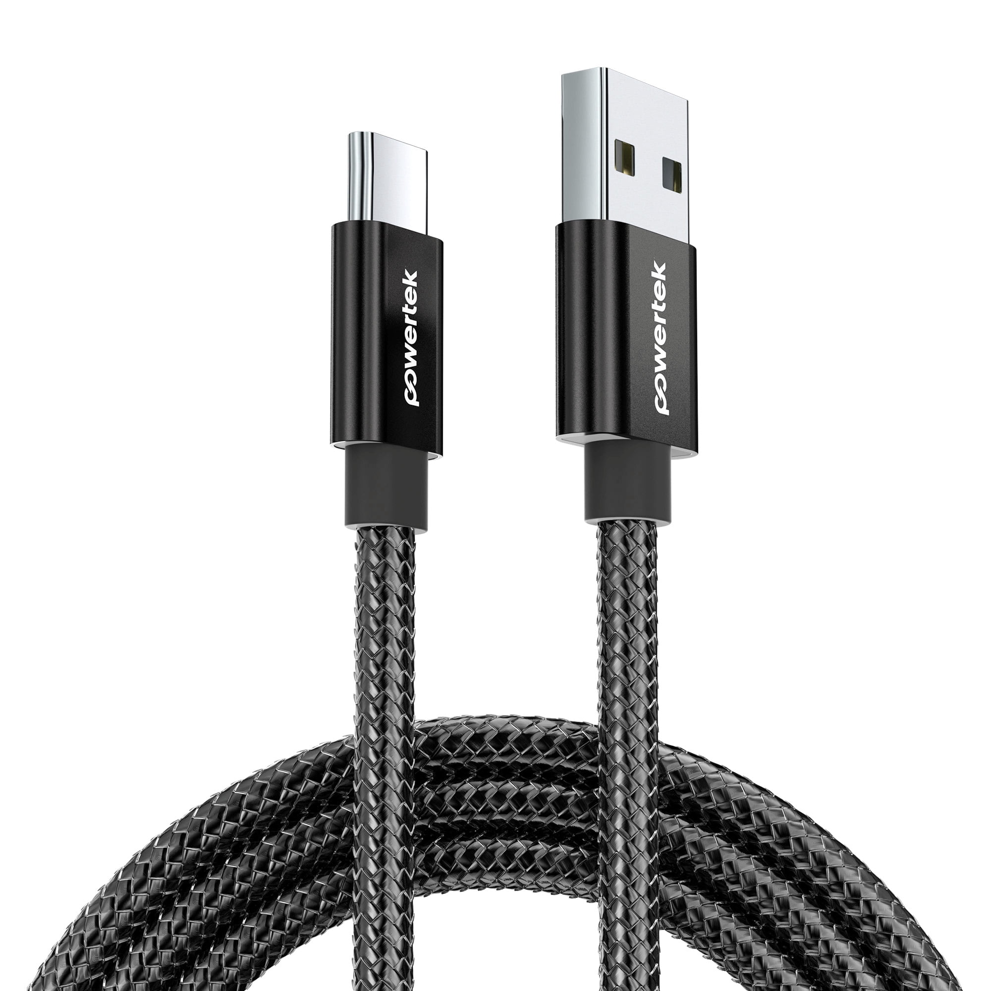 Powertek Luxe 6ft USB-A to USB-C Cable, Gray, Fast Charge & Sync, Metallic Mesh PVC Jacket, Durable Tangle-Free Design