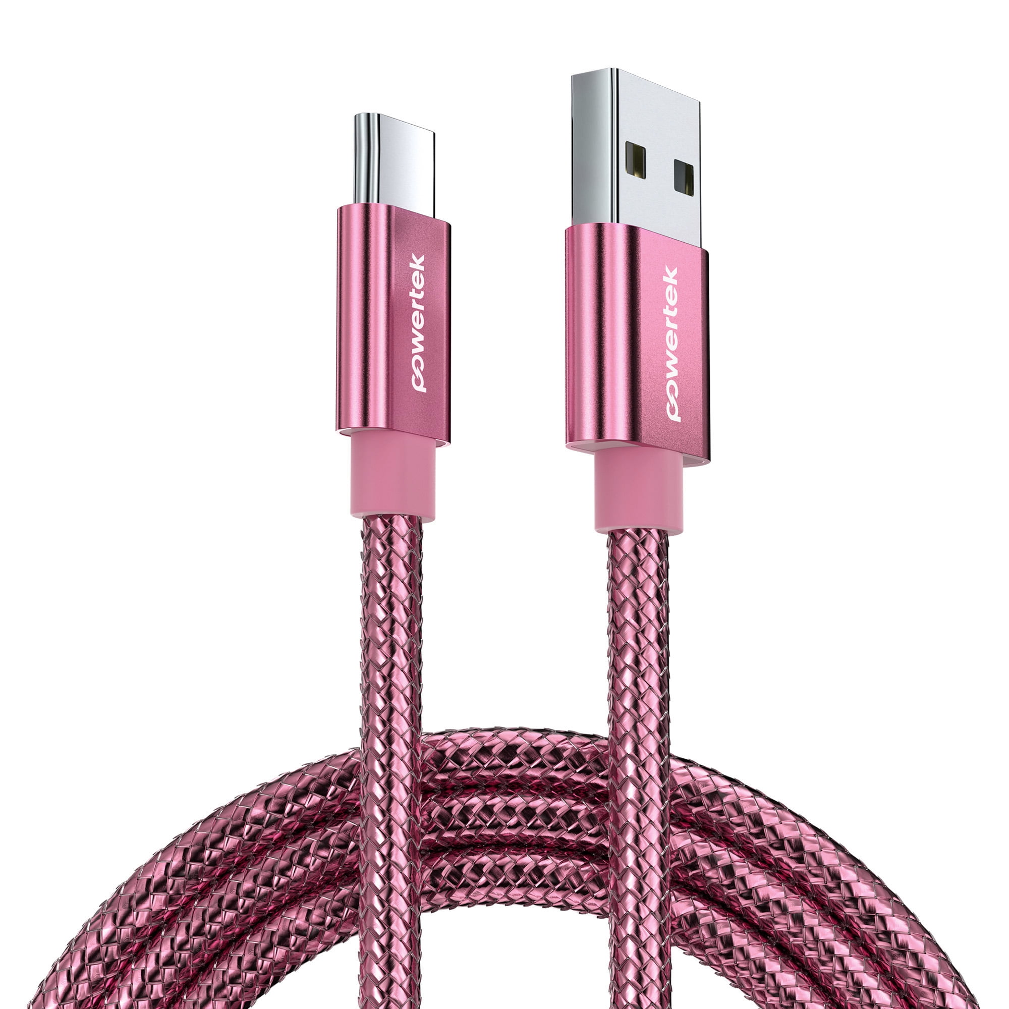 Powertek Luxe 6ft USB-A to USB-C Cable, Pink, Fast Charge & Sync, Metallic Mesh PVC Jacket, Durable Tangle-Free Design