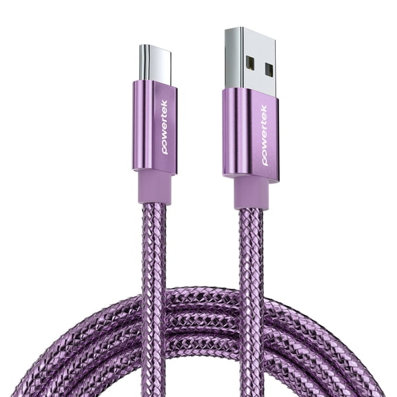 Powertek Luxe 6ft USB-A to USB-C Cable, Purple, Fast Charge & Sync, Metallic Mesh PVC Jacket, Durable Tangle-Free Design