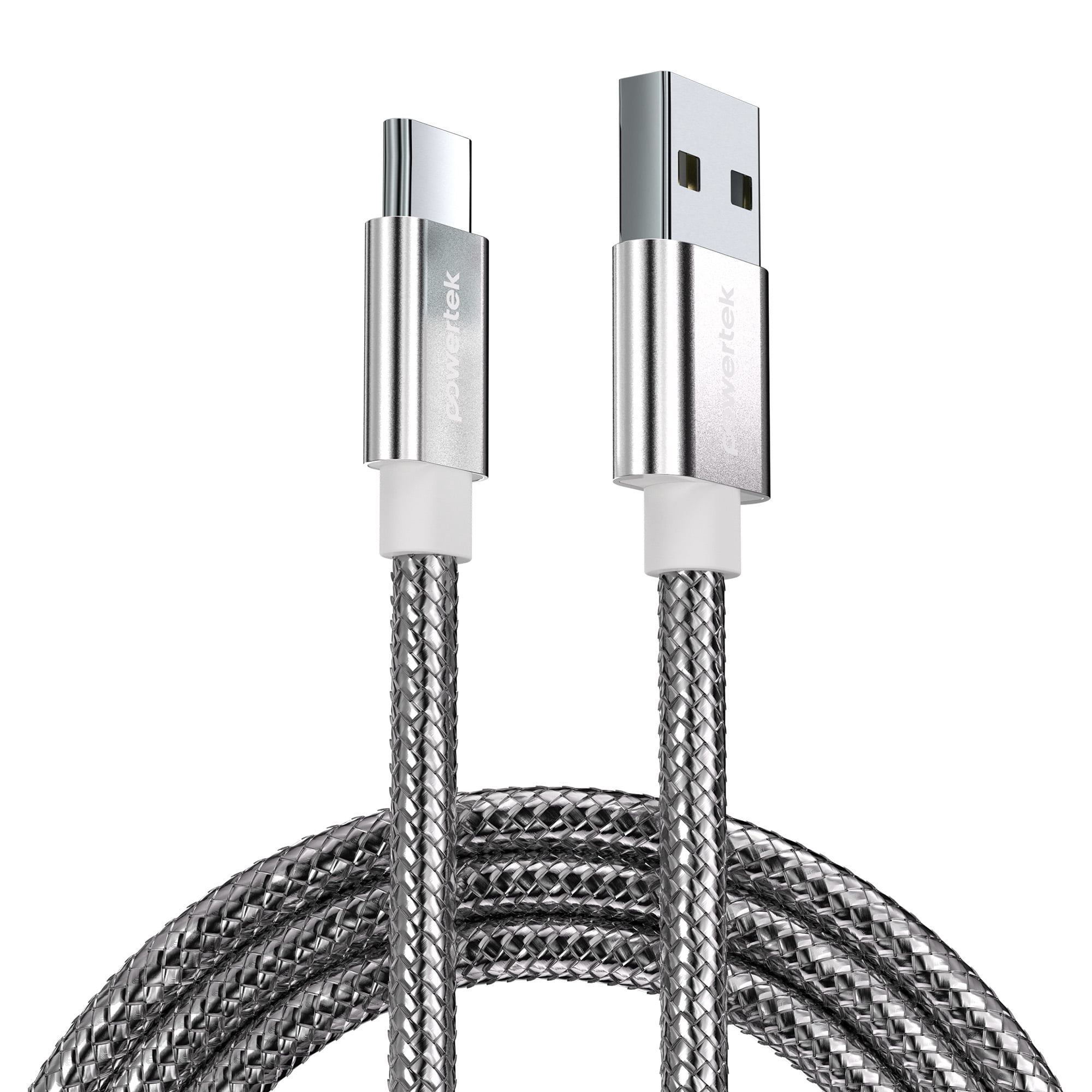 Powertek Luxe 6ft USB-A to USB-C Cable, Silver, Fast Charge & Sync, Metallic Mesh PVC Jacket, Durable Tangle-Free Design