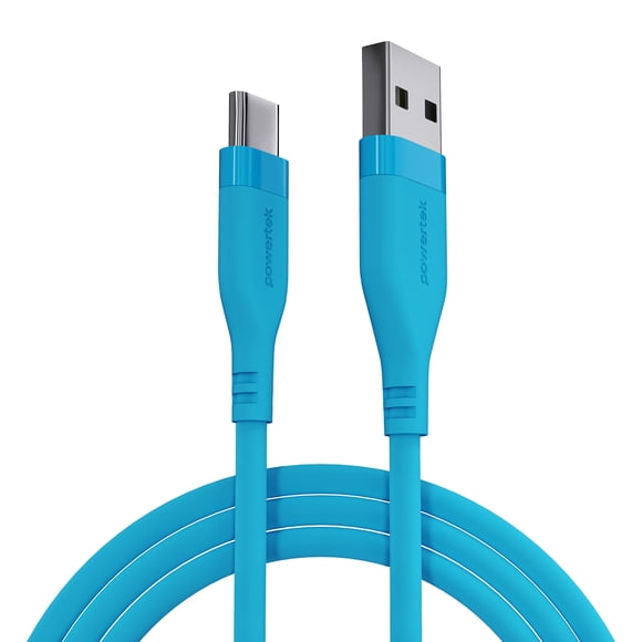 Powertek Neon Blue Silicone USB-A to USB-C Cable, 6ft Fast Charge & Sync Cord, Durable Tangle-Free Design for USB-C Devices