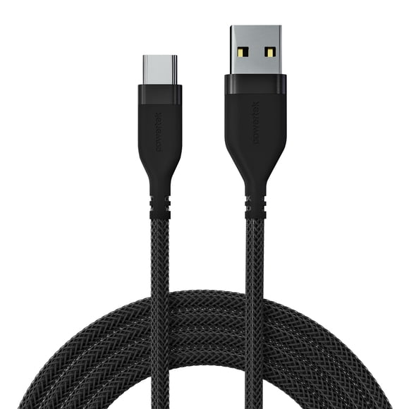 Powertek Ultra 6ft USB-A to USB-C Cable, Black, Braided Silicone, Ultra-Smooth Data Transfers, Durable Tangle-Resistant Charging Cable