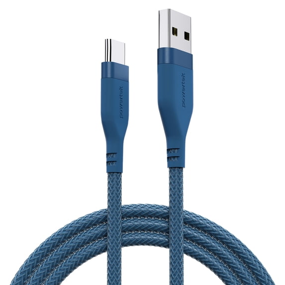 Powertek Ultra 6ft USB-A to USB-C Cable, Blue, Braided Silicone, Reliable Data Transfers, Durable Tangle-Resistant Charging Cable