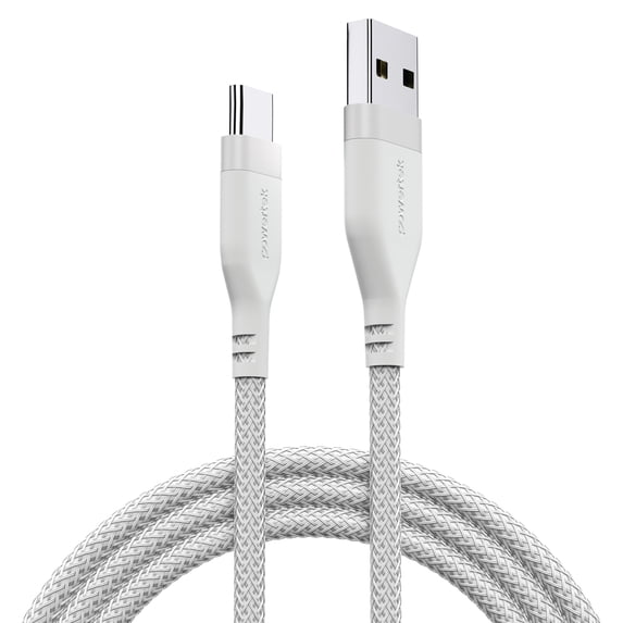 Powertek Ultra 6ft USB-A to USB-C Cable, White, Braided Silicone, Fast Data Transfers, Durable Tangle-Resistant Charging Cable