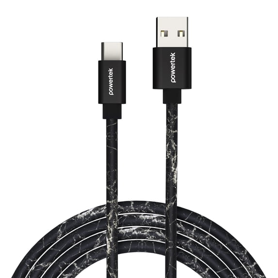 Powertek Marble 6ft USB-A to USB-C Cable, Black & Silver, Silicone Marble Print Design, Fast Charging Cable, Stable Data Transfer