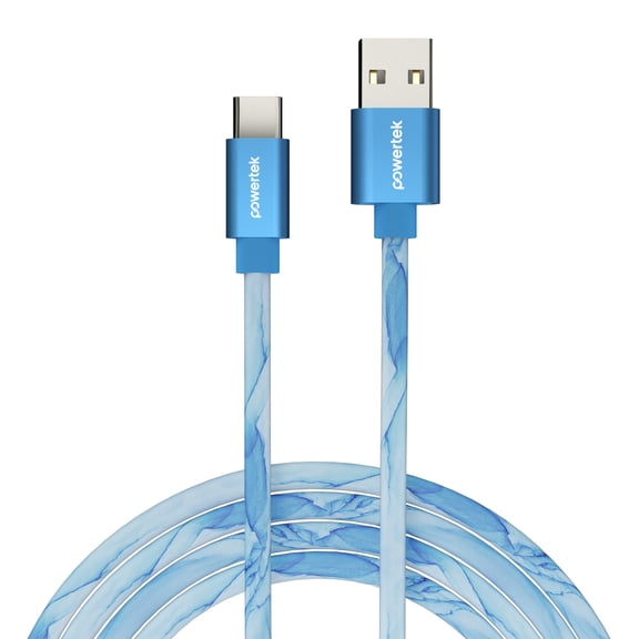 Powertek Marble 6ft USB-A to USB-C Cable, Blue, Silicone Marble Print Design, Fast Charging Cable, Consistent Data Transfer