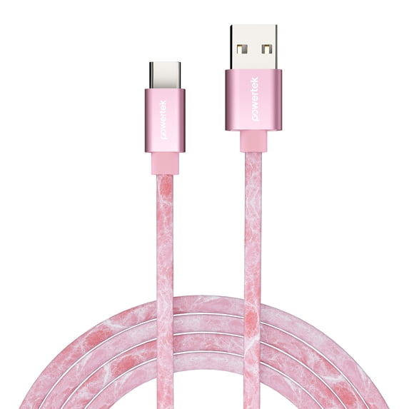 Powertek Marble 6ft USB-A to USB-C Cable, Pink, Silicone Marble Print Design, Fast Charging Cable, Efficient Data Transfer