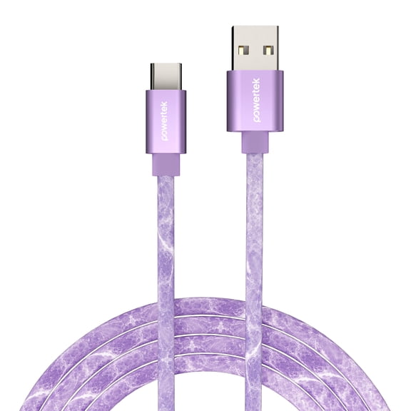 Powertek Marble 6ft USB-A to USB-C Cable, Purple, Silicone Marble Print Design, Fast Charging Cable, Smooth Data Transfer