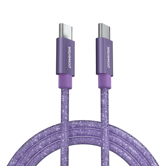 Powertek USB-C to USB-C Cable, Fast Charging Type-C Charger Cord, Durable Tangle-Resistant Sync Cable, Purple Glitter, 6FT