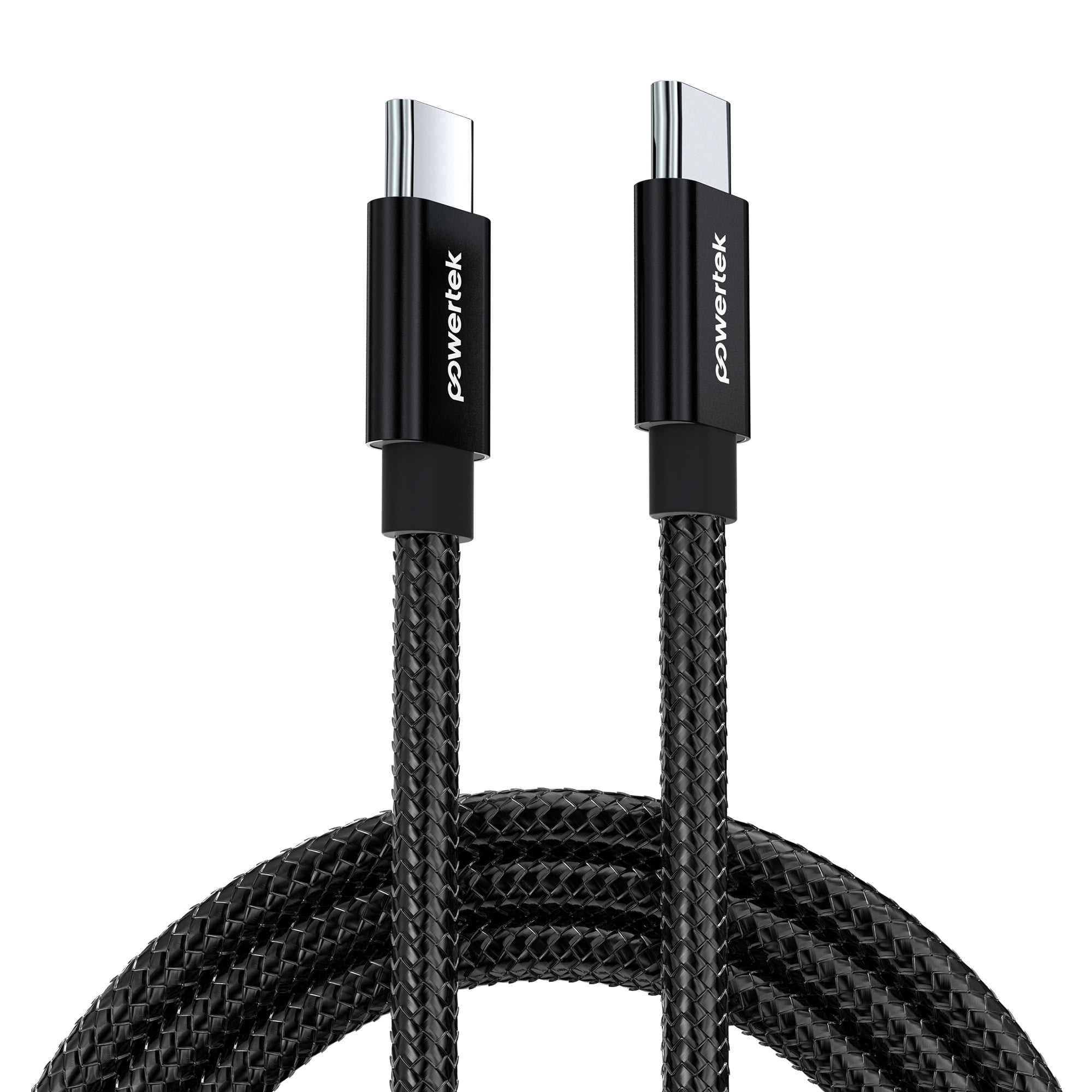 Powertek Luxe 6ft USB-C to USB-C Cable, Black, Fast Charge & Sync, Metallic Mesh PVC Jacket, Durable Tangle-Free Design