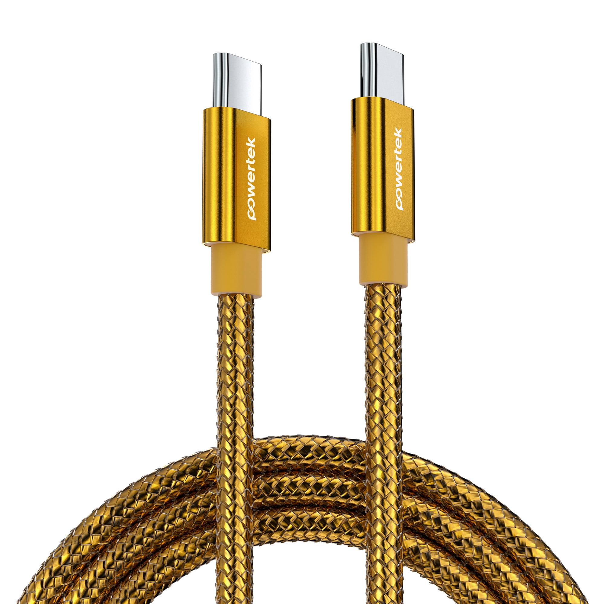Powertek Luxe 6ft USB-C to USB-C Cable, Gold, Fast Charge & Sync, Metallic Mesh PVC Jacket, Durable Tangle-Free Design