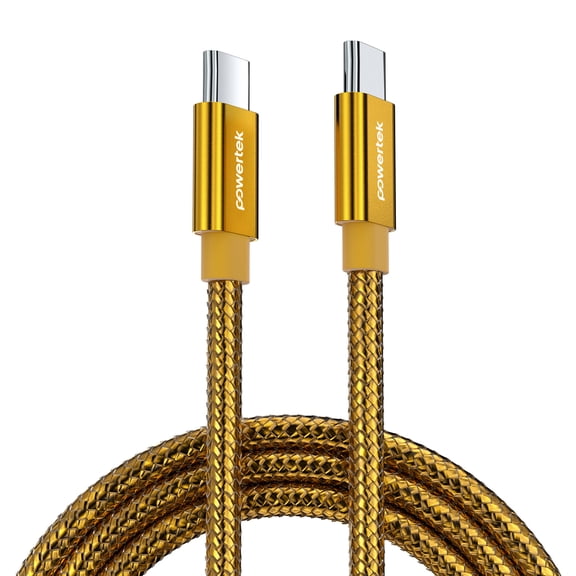 Powertek Luxe 6ft USB-C to USB-C Cable, Gold, Fast Charge & Sync, Metallic Mesh PVC Jacket, Durable Tangle-Free Design