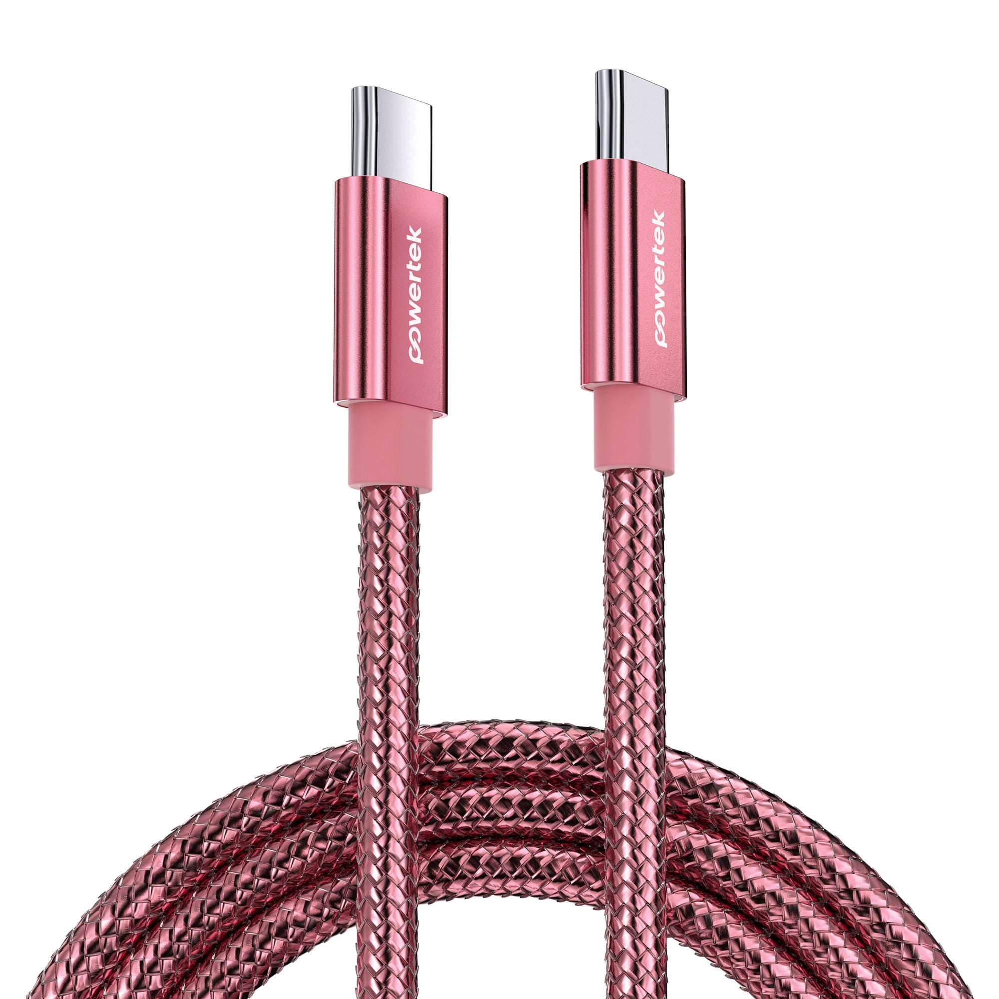 Powertek Luxe 6ft USB-C to USB-C Cable, Pink, Fast Charge & Sync, Metallic Mesh PVC Jacket, Durable Tangle-Free Design