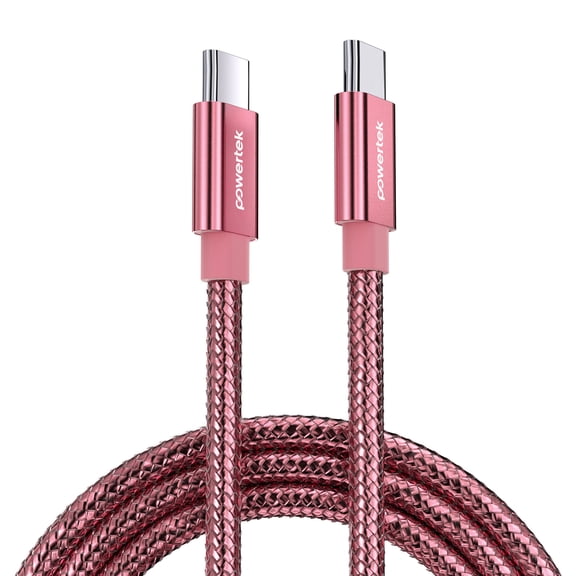 Powertek Luxe 6ft USB-C to USB-C Cable, Pink, Fast Charge & Sync, Metallic Mesh PVC Jacket, Durable Tangle-Free Design