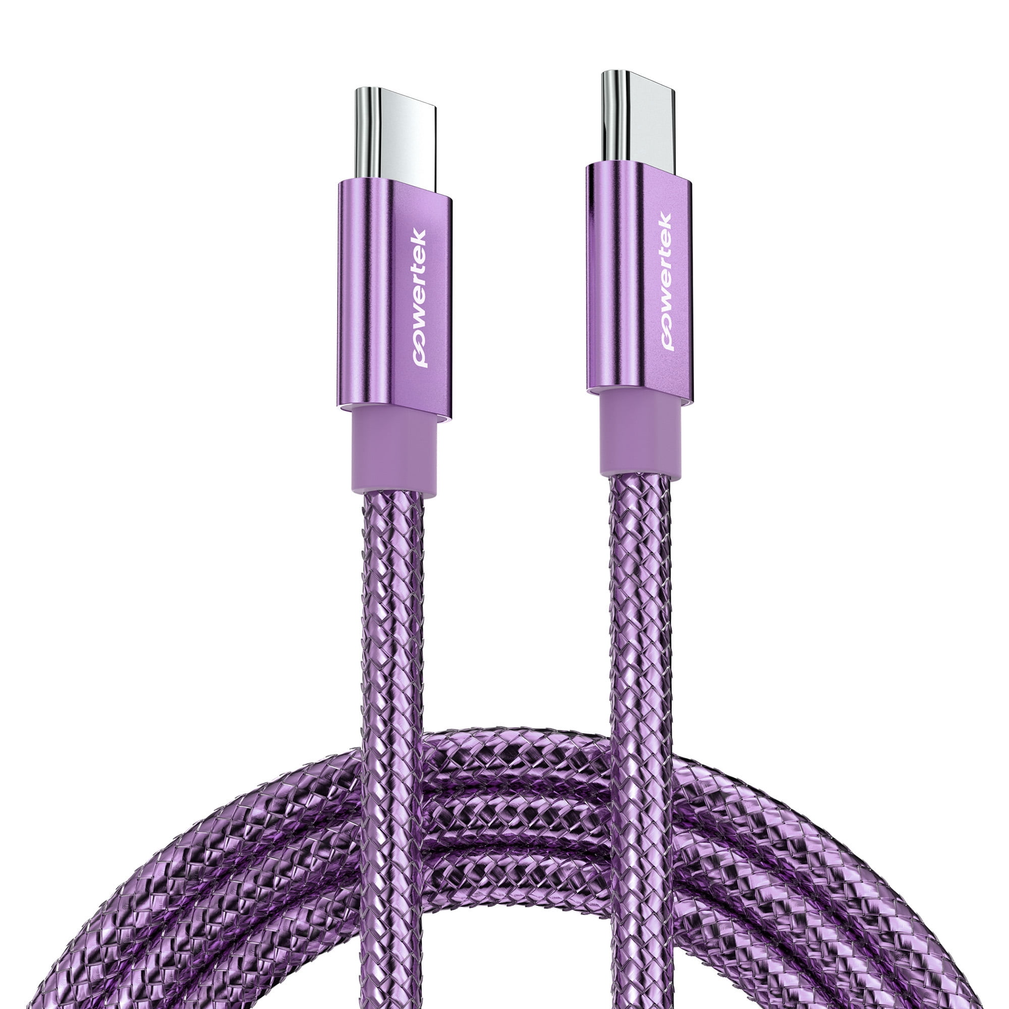 Powertek Luxe 6ft USB-C to USB-C Cable, Purple, Fast Charge & Sync, Metallic Mesh PVC Jacket, Durable Tangle-Free Design