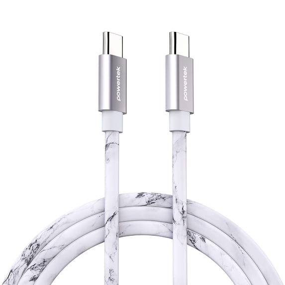 Powertek Marble 6ft USB-C to USB-C Cable, White/Silver, 60W Fast Charging, Silicone Marble Design, Steady Data Transfer