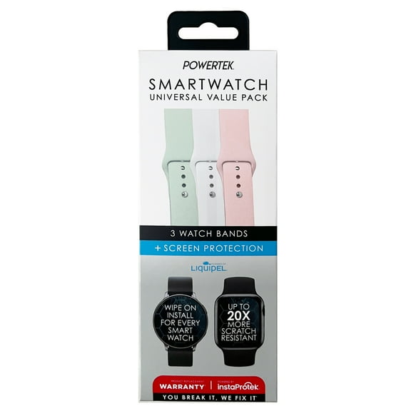Powertek Universal Watch Band & Liquid Glass Screen Protector Bundle, Compatible with Apple Watch & Samsung Galaxy Watch | 3 Adjustable Bands + Universal Liquid Screen Protection for All Smartwatches