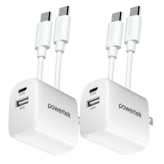 Powertek Value 4-Pack Bundle White, Dual Port 20W USB-C and 18W USB-A Wall Chargers with 6ft USB-C to USB-C Cables for iPhone 15 and Newer, Tablets & USB-C Devices