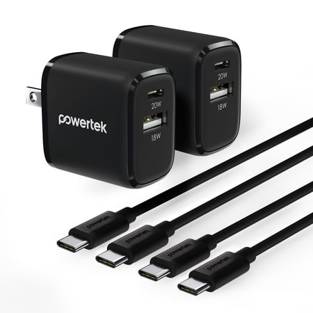 Powertek Value 4-Pack Bundle Black, Dual Port 20W USB-C and 18W USB-A Wall Chargers with 6ft USB-C to USB-C Cables for iPhone 15 and Newer, Tablets & USB-C Devices