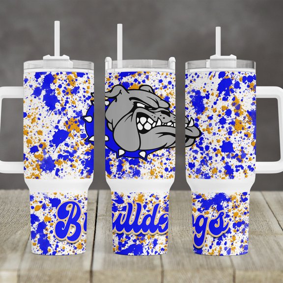 Powerwash Splatter School Bulldogs mascot 40 oz 2 piece Tumbler Royal Blue Gold bulldog