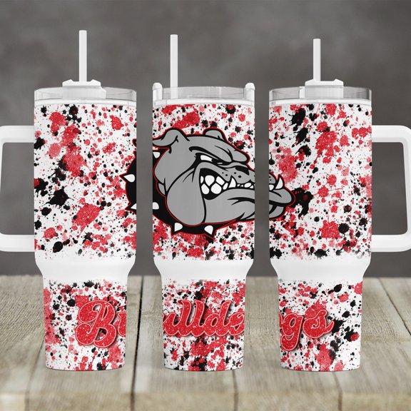 Powerwash Splatter School Bulldogs mascot 40 oz 2 piece Tumbler red black bulldog